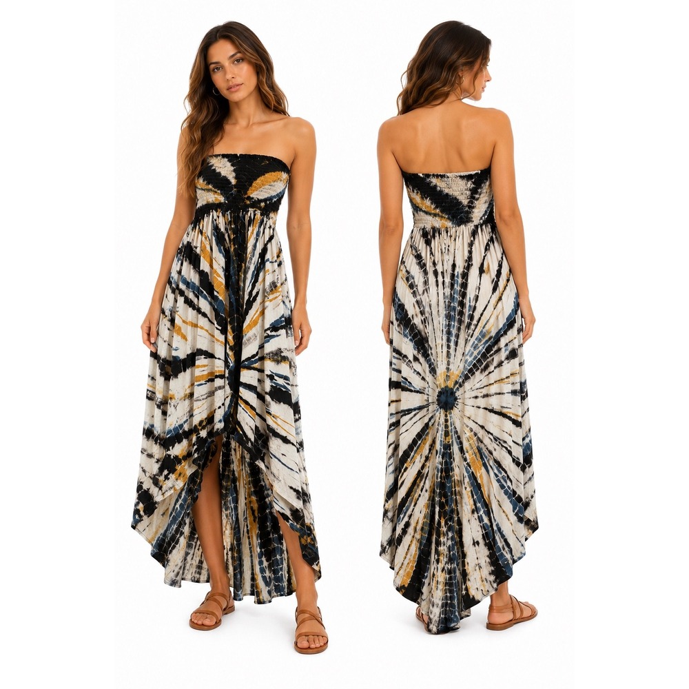 T-Party Maxi Dress Women Size S Black Yellow Tie Dye Strapless Boho High Low